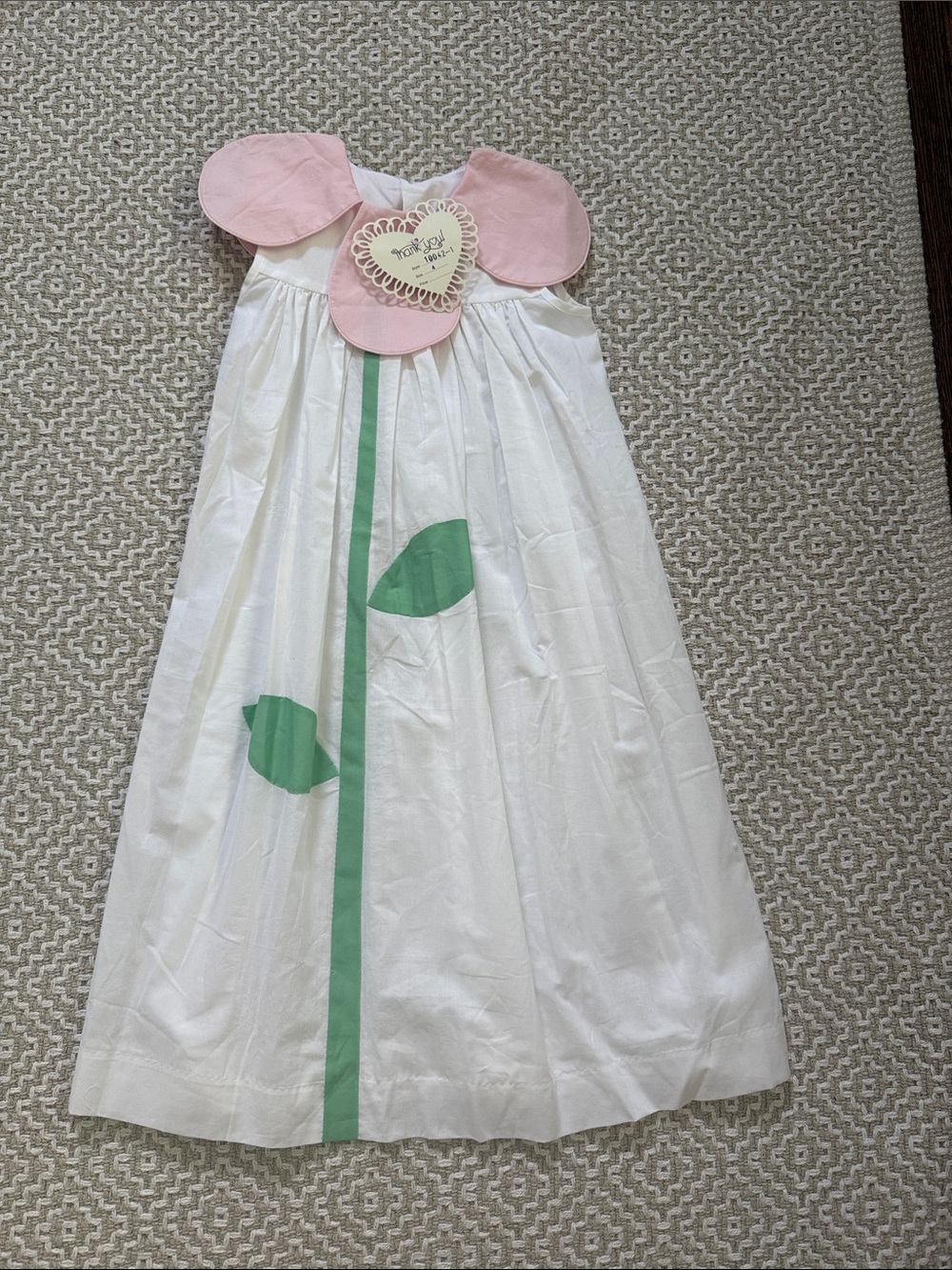 Girls White Tulip Dress with Pink Collar and Green Leaf Embroidery